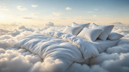 Ultra-realistic concept photograph of a cozy white bed with soft luxurious linens and fluffy pillows, seamlessly floating among dreamy clouds in a serene sky. Bathed in diffused golden morning light, this scene evokes comfort, relaxation, and a peaceful atmosphere. Perfect for lifestyle, home decor, and travel inspirations.の素材