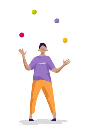 A male juggler throws up colored balls. Illustration in flat style.のイラスト素材