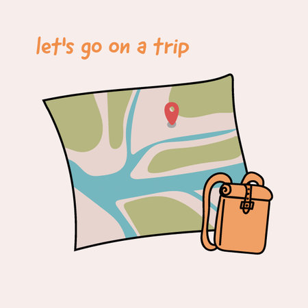 go on a trip. cute postcard, map and backpackのイラスト素材