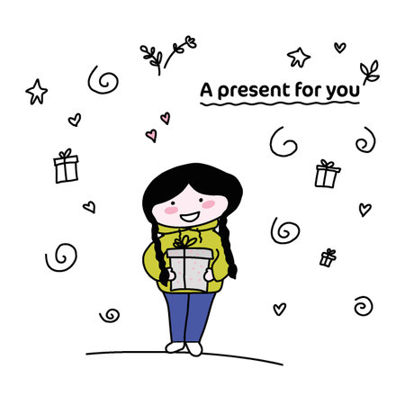 cute girl with a gift box, a gift for youのイラスト素材