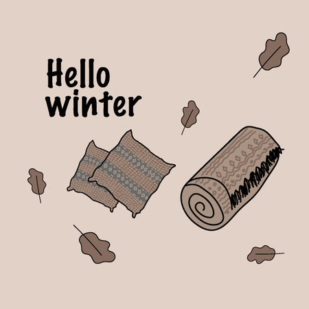 Hello winter. cozy postcard plaid pillows leavesのイラスト素材