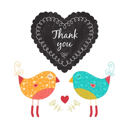 thank you card with birds,flower and heart. Isolated on white background.のイラスト素材