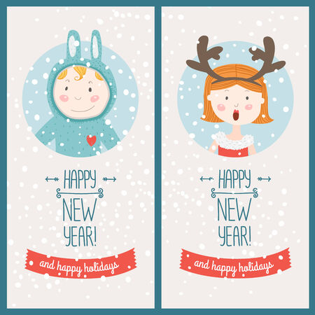 Happy new year card with cute girl and boy illustration Happy new year and happy holidays.のイラスト素材