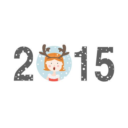 Happy new year 2015 with cute christmas girl illustration isolated on white background.のイラスト素材