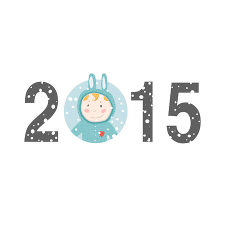 Happy new year 2015 with cute boy in a rabbit illustration isolated on white background.のイラスト素材