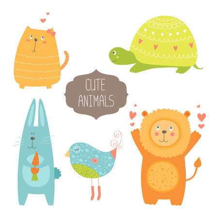 Cute animals collection illustration with cat, turtle, rabbit, bird and lion isolated on white backgroundのイラスト素材