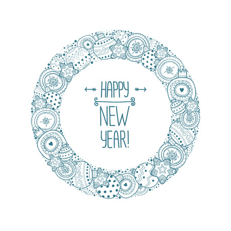 Happpy new year border with christmas balls, star and snowflake christmas frame isolated on white background.のイラスト素材