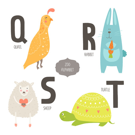 Cute zoo alphabet with cartoon animals isolated on white background. Q, r, s, t letters. Quail, rabbit, sheep and turtle.のイラスト素材