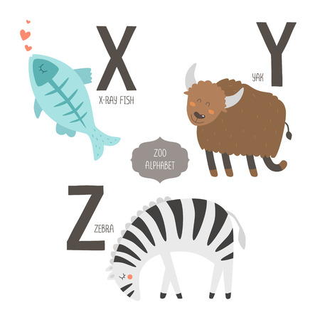 Cute zoo alphabet with cartoon animals isolated on white background. X, y, z letters. X-ray fish, yak and zebra.のイラスト素材