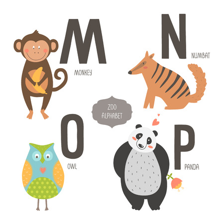 Cute zoo alphabet with cartoon animals isolated on white background. M, n, o, p letters. Monkey, numbat, owl and panda.のイラスト素材