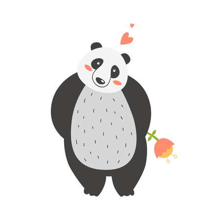 Cute cartoon panda with flower isolated on white backgroundのイラスト素材