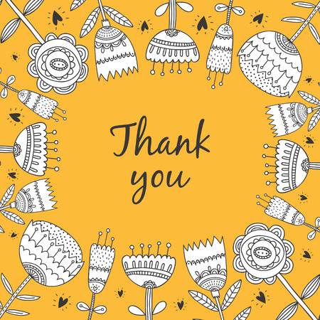 Thank you card with flowers hand drawn illustration on yellow background.のイラスト素材