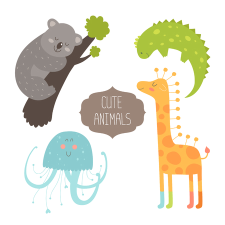 Cute animals collection illustration with koala, iguana, giraffe and jellyfish isolated on white backgroundのイラスト素材