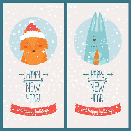 Happy new year card with fox and christmas rabbit illustration Happy new year and happy holidays.のイラスト素材