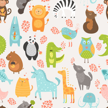 Animal background with cute bird, alligator, dog, hen, jellyfish, rabbit, owl, zebra, vole, wolf, unicorn, lion, koala, monkey, giraffe, panda and cat seamless patternのイラスト素材