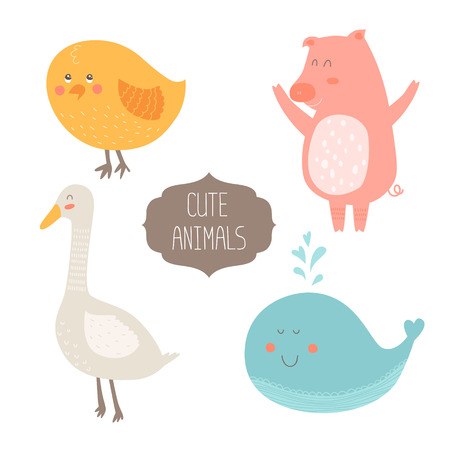 Cute animals collection illustration with keith, pig, chicken and goose isolated on white backgroundのイラスト素材