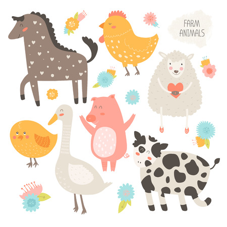 Farm animals collection with flower. Vector cute animals, cow,  pig,  sheep,  chicken, horse, hen, goose isolated on white backgroundのイラスト素材