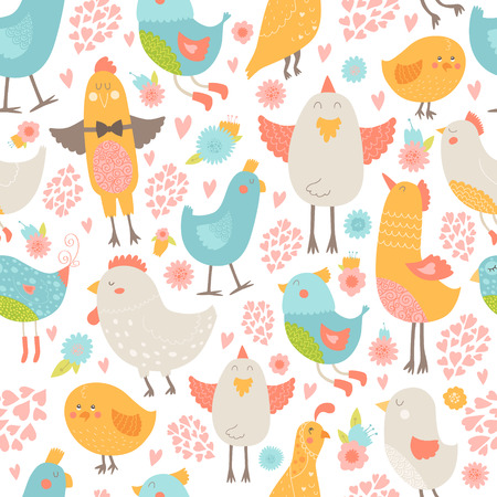 Cute birds seamless background, vector cartoon illustration with love isolated on white backgroundのイラスト素材