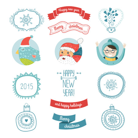 Decorative christmas vector elements happy new year. Santa, bird, kids, snowflakes, tea, balls, arrow and border. Vector christmas symbols 2015 isolated on white backgroundのイラスト素材