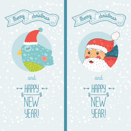 Happy new year card with santa claus and christmas cute bird. Vector illustration Merry christmas and Happy new year with snowflakes backgroundのイラスト素材