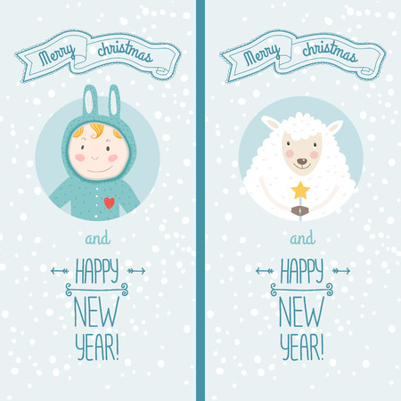 Happy new year card with cute boy and christmas sheep. Vector illustration Merry christmas and Happy new year with snowflakes backgroundのイラスト素材