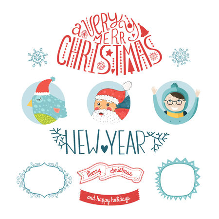 Decorative christmas vector elements happy new year. Santa, bird, kids, snowflakes, ribbon and frames. Vector christmas symbols  isolated on white backgroundのイラスト素材