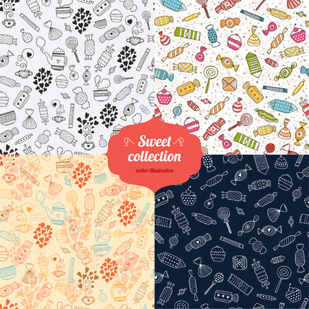 Love candy warm background collection with sweets, hot tea, hearts, mugs and teapots. Food and drink vector seamless patternのイラスト素材