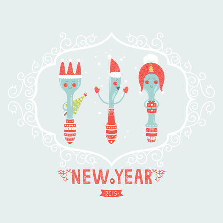 Vector christmas greeting card with spoon, plug, knife and decorative elementsのイラスト素材