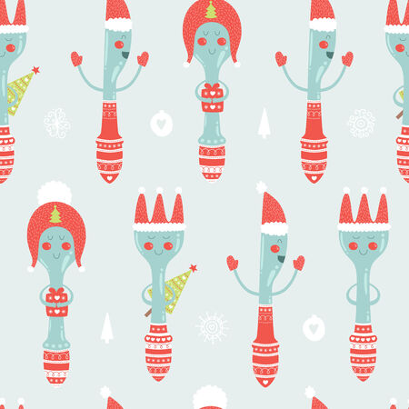 Vector christmas background with spoon, plug, knife and decorative elements, seamless new year patternのイラスト素材