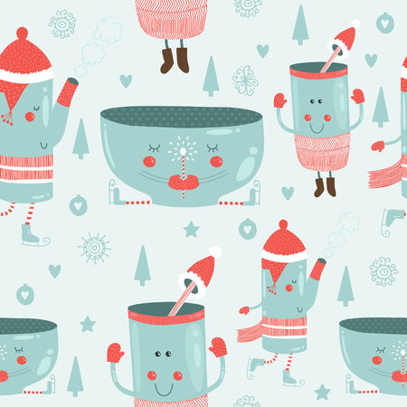 Vector christmas background with cute mug of tea, glass, kettle, tree, snowflakes, and love. Seamless new year patternのイラスト素材