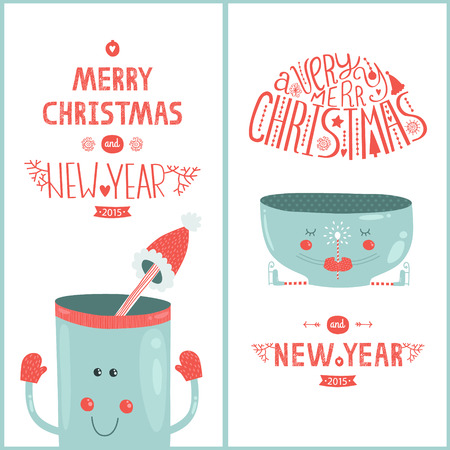 Vector christmas greeting card and new year with cute mug isolated on white background, 2015のイラスト素材
