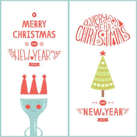 Vector christmas greeting card for design cafe with tree, plug and new year lettering with decorative elements, isolated on white background 2015のイラスト素材