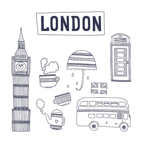 Vector London tourism attractions and symbols isolated on white background. Big ben, bus, tea, cup, flag, telephone and  umbrella.のイラスト素材