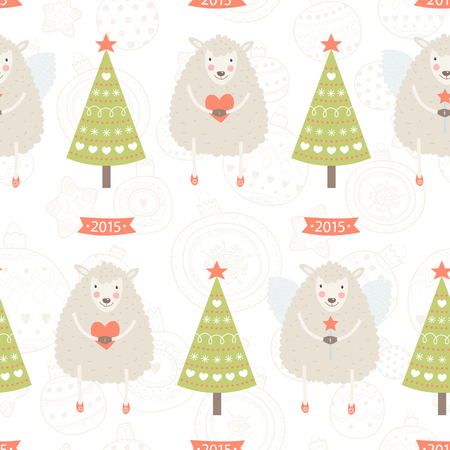 Vector christmas background with cute sheep and tree, seamless new year pattern 2015のイラスト素材