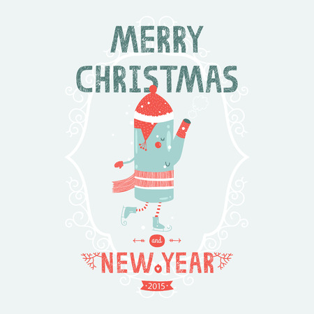 Christmas vector card with cute makers skating. New year illustration with decorative elementsのイラスト素材