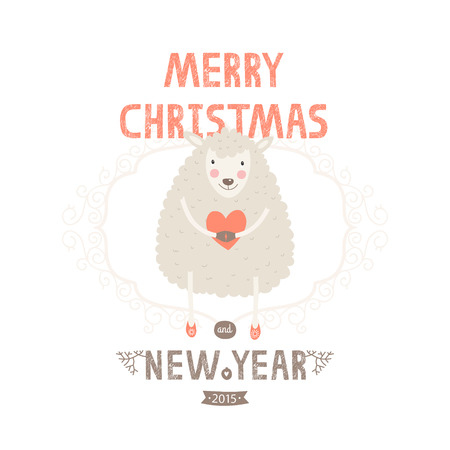 Vector christmas greeting card with cute sheep and heart, decorative elements, new years illustrationのイラスト素材