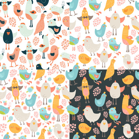 Cute birds seamless background collection, vector cartoon birds patterns with loveのイラスト素材