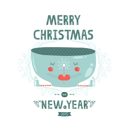 Christmas vector card with cute mug, magic wand and skates. New year illustration with decorative elementsのイラスト素材