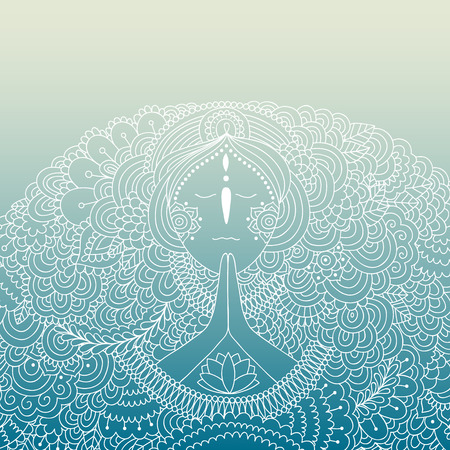 Woman praying on blue gradient background with flower, lotus, decorationのイラスト素材