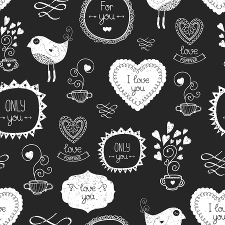 Vintage love background with valentine labels, birds, mug of tea, hearts and other decorative elements, vector seamless patternのイラスト素材