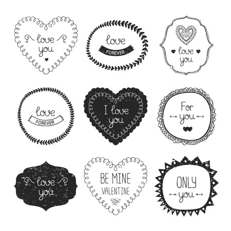 Vintage love labels, frame and decorative elements. Vector valentine collection for design isolated on white backgroundのイラスト素材