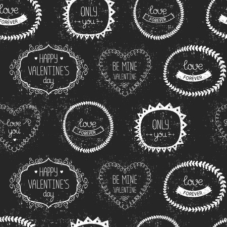 Love vintage background with retro valentines labels on black background. Seamless pattern with vintage textureのイラスト素材
