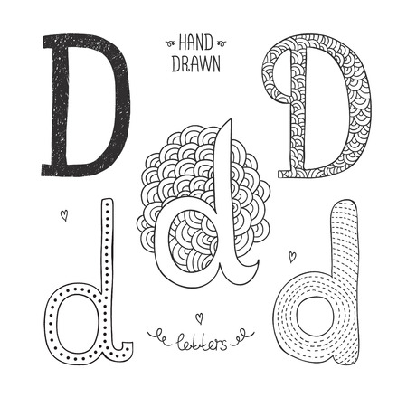 Vector hand drawn alphabet, letter d. Doodle letters set isolated on white backgroundのイラスト素材
