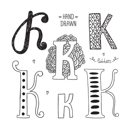 Vector hand drawn alphabet, letter k. Doodle letters set isolated on white backgroundのイラスト素材