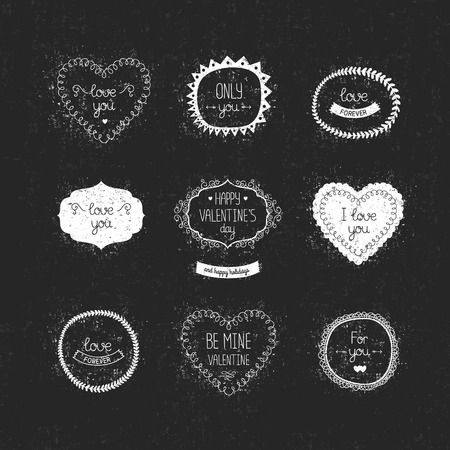 Vintage love labels, frame and decorative elements. Vector valentine collection for design on black background with antique textureのイラスト素材