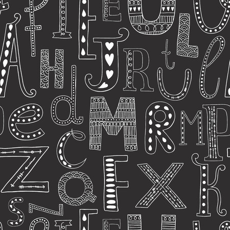 Vector background with hand drawn alphabet, seamless pattern on black backgroundのイラスト素材