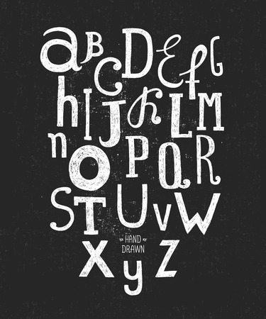 Vector hand drawn alphabet isolated on black background with retro texture, doodle letters collection on chalkboardのイラスト素材