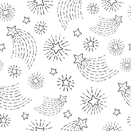 Vector seamless space background with planets, comets and stars. Stars background, cartoon spaceship line icons, hand drawn vector illustrationのイラスト素材