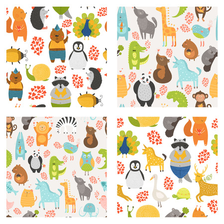 Vector seamless patterns with cute animals. Collection zoo backgrounds with cat, dog, owl, rabbit, bear, panda, monkey, alligator, bird,unicorn, lion, koala an moreのイラスト素材