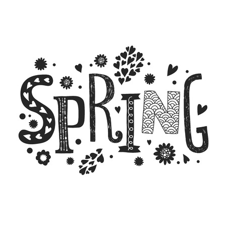 Vector lettering Spring with decorative floral elements isolated on white background, hand drawn lettersのイラスト素材